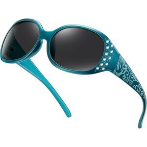 Women's Blue Frame Eyes Protection Sunglasses Polarized Rhinestone Around Wrap